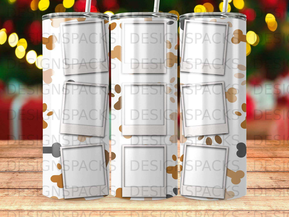 Tumbler with dog bone and paw print pattern, multiple overlaid photo placeholders.