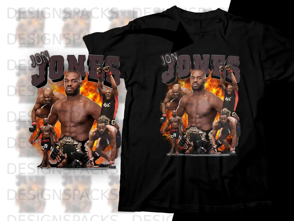 Jon Jones UFC champion collage on black t-shirt design.