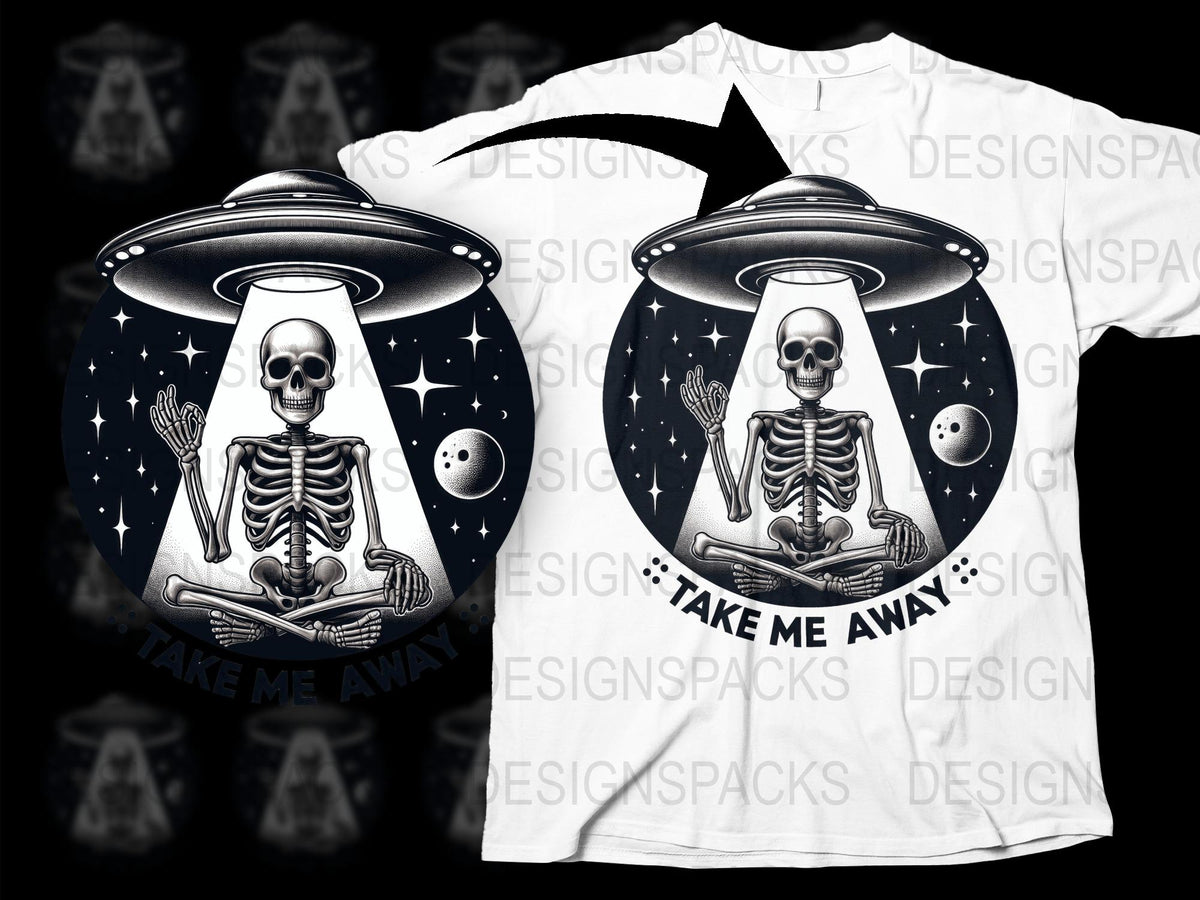 Unique UFO Skeleton Graphic T-Shirt, Take Me Away Alien Tee, Spooky Space Design, Unisex Cotton Shirt