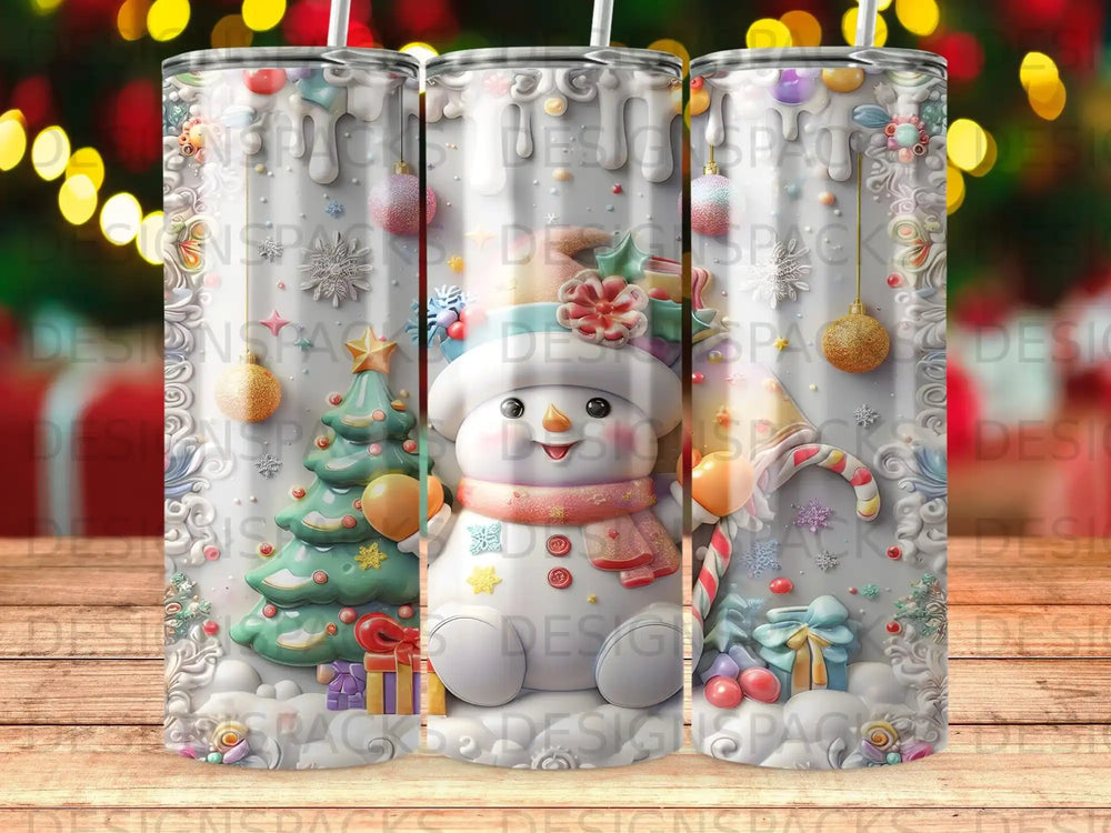 Snowman with Christmas tree, presents, and candy canes on a white background.