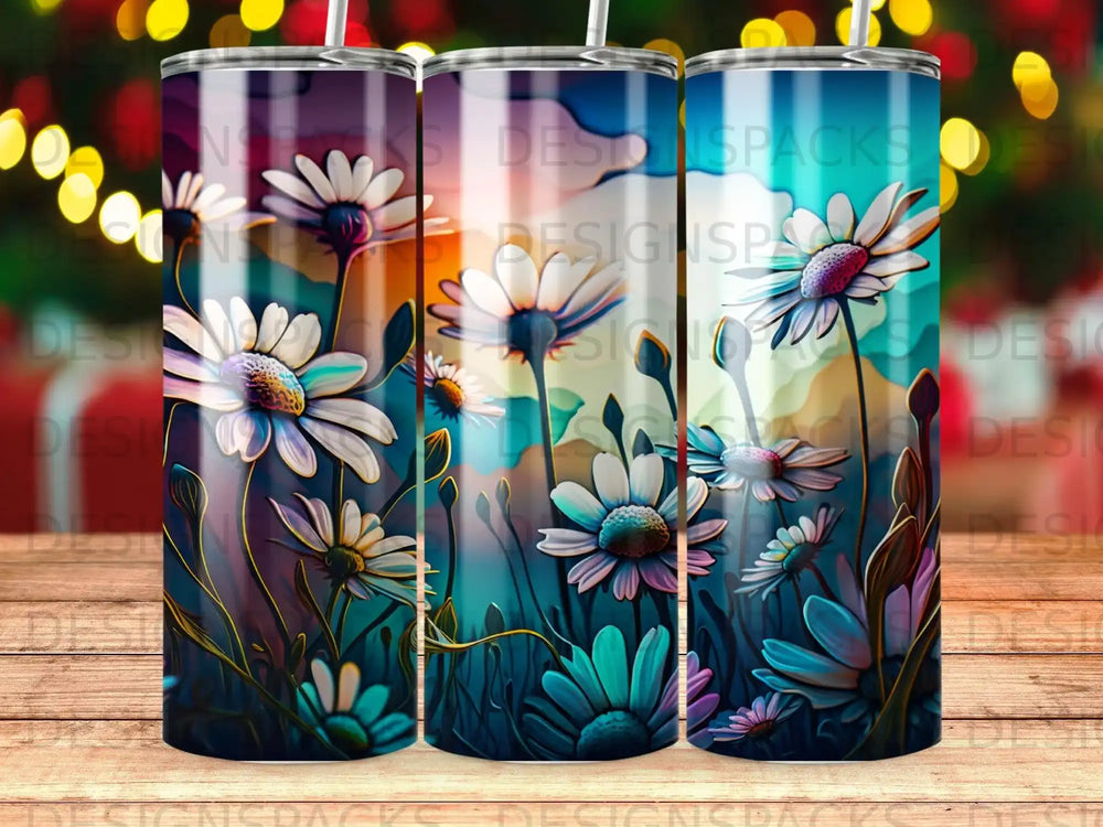 Daisies in a colorful gradient background with bokeh lights.