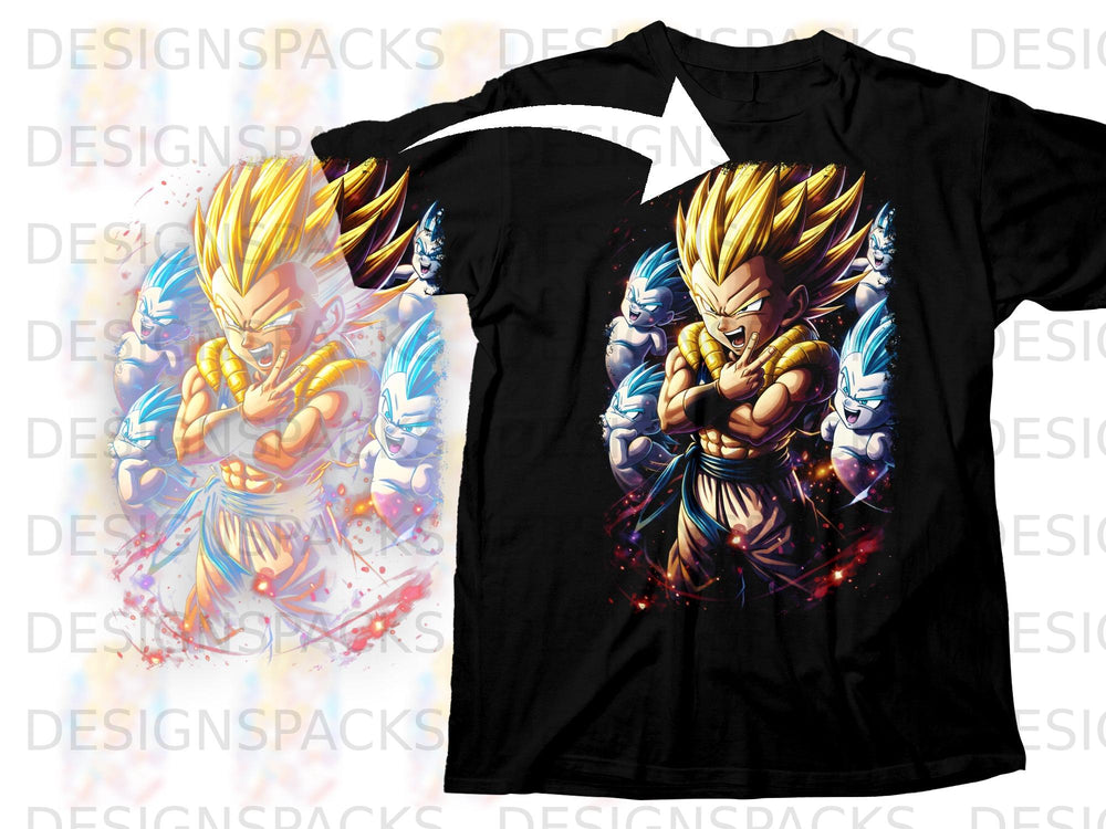Black t-shirt featuring a vibrant anime design of characters with spiky blonde and blue hair.
