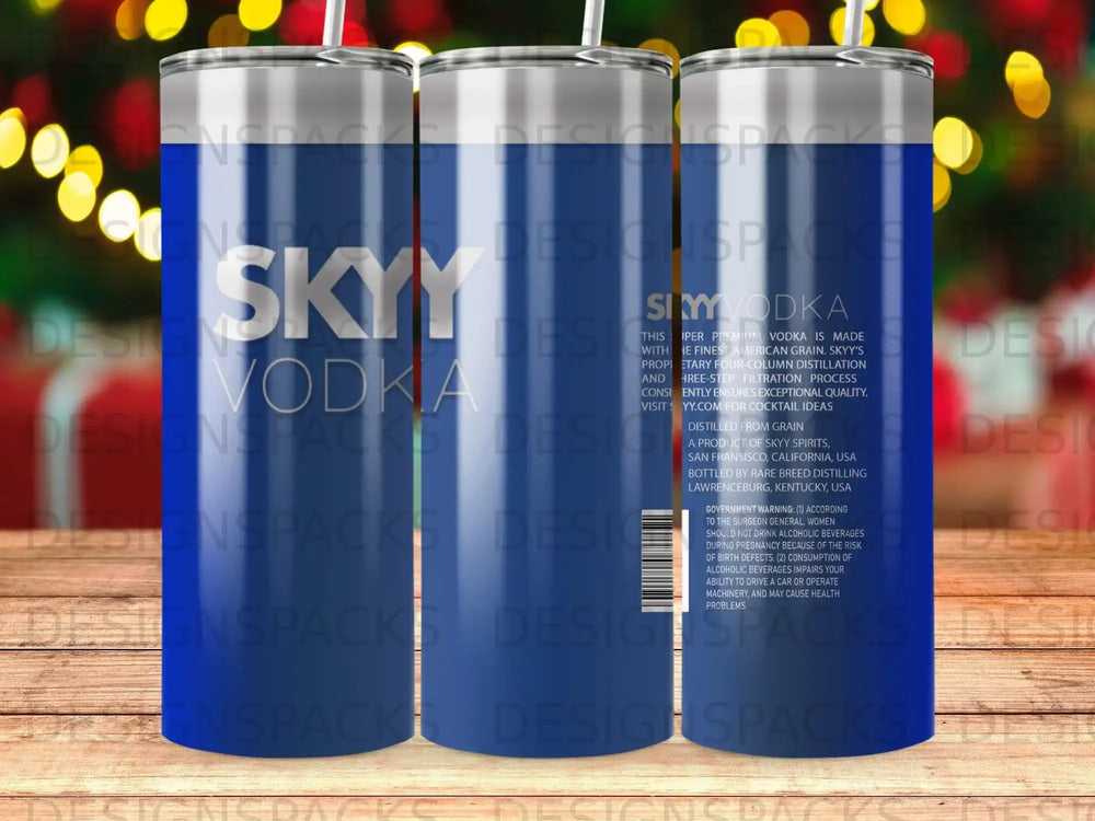 SKYY Vodka tumbler with branding and product information.