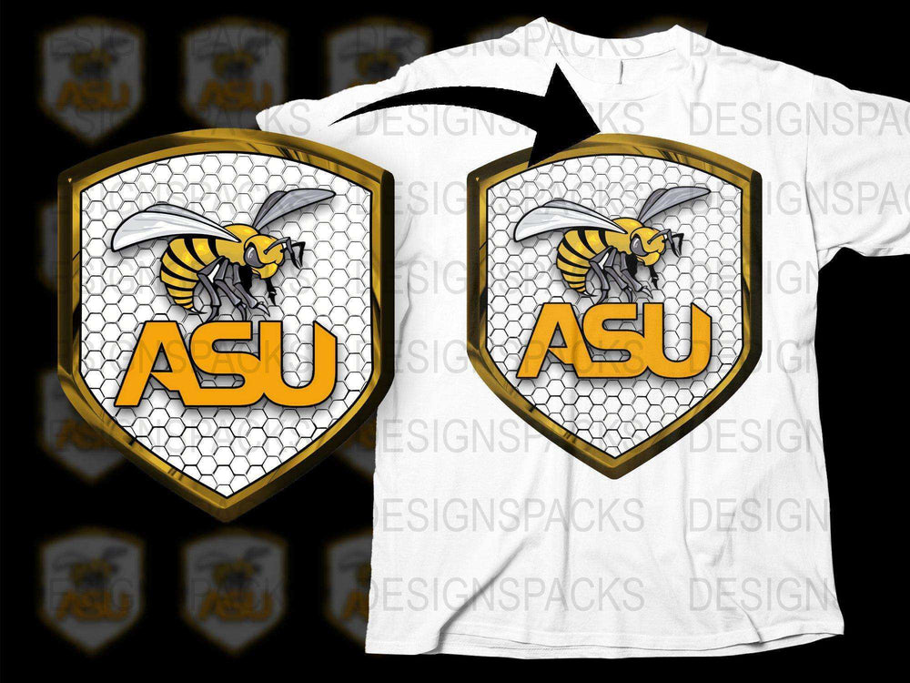 ASU Bee Mascot T-Shirt, Honeycomb Shield Graphic Tee, Yellow and Grey, Unisex Adult Clothing