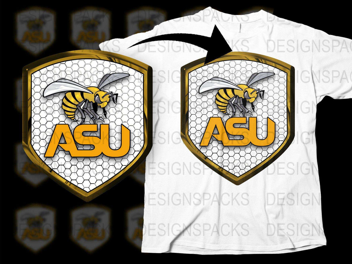 ASU Bee Mascot T-Shirt, Honeycomb Shield Graphic Tee, Yellow and Grey, Unisex Adult Clothing