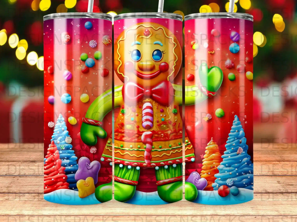 Gingerbread man with candy cane stripes, green boots, and colorful candy trees.