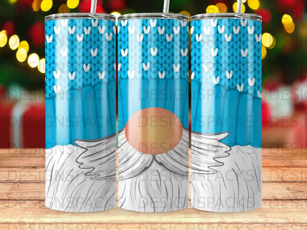 Blue and white snowflake pattern with a white beard on a tumbler.