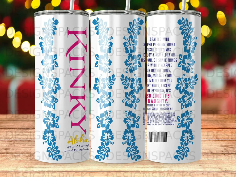 Kinky Aloha tropical fusion tumbler with coconut, pineapple, and lime design.