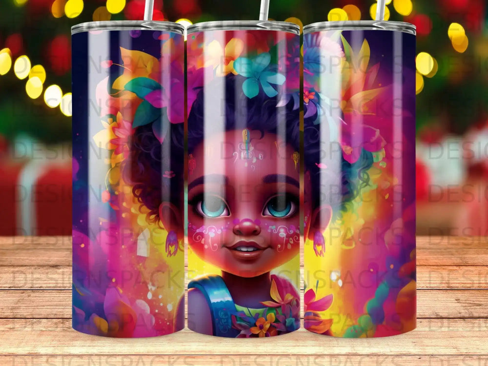 Brightly colored tumbler featuring a young girl with floral accents.