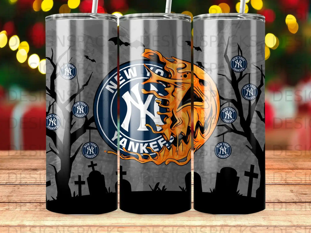 New York Yankees logo on a Halloween-themed tumbler with gravestones.