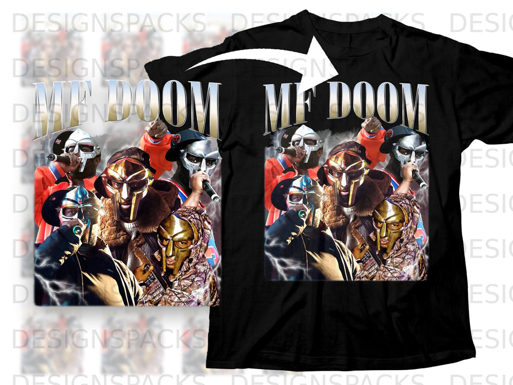 MF DOOM album cover design on a black t-shirt.