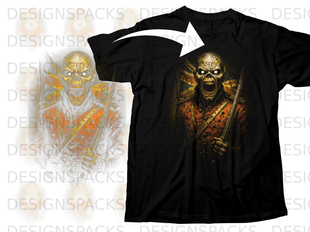 Black t-shirt with a screaming zombie holding a sword against a Union Jack flag.