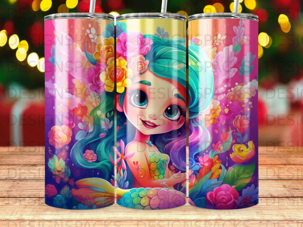 Mermaid with colorful hair and flowers, set against a dark, floral background.
