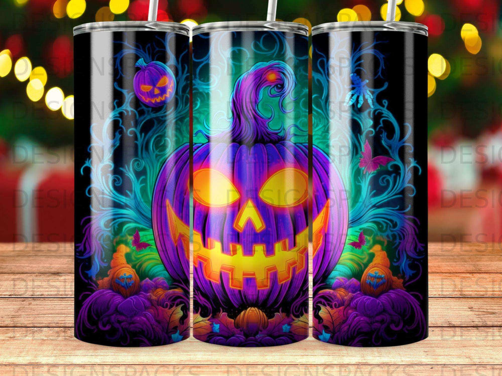 Purple and orange Halloween pumpkin tumbler with glowing eyes and smoke.