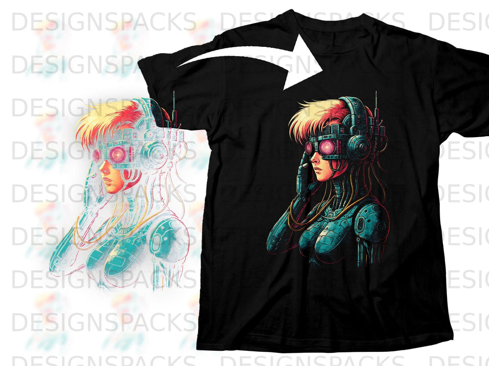 Black t-shirt with a cyberpunk woman's head and shoulders design.