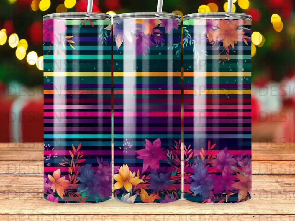 Floral pattern on a striped tumbler with purple, pink, and yellow flowers.