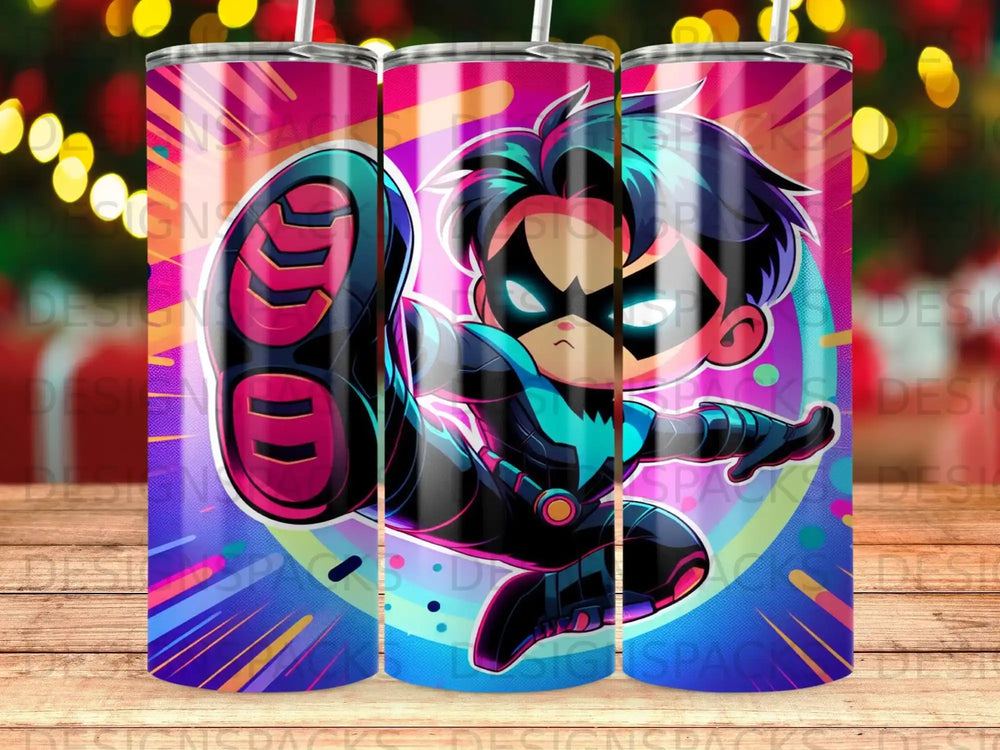 Animated character in black and blue superhero costume in dynamic action pose.