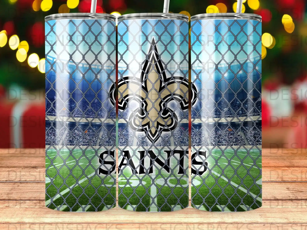 New Orleans Saints logo on stadium background with chain link fence overlay.