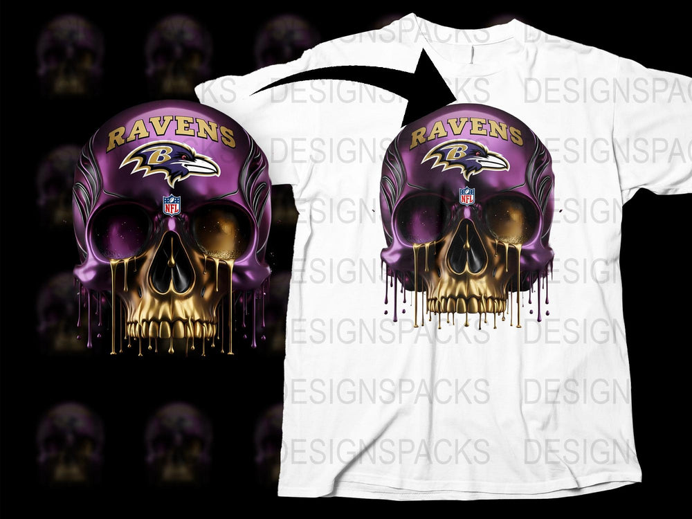 Baltimore Ravens Skull Graphic T-Shirt, NFL Team Purple and White Tee, Football Fan Apparel, Unique Sports Clothing Gift