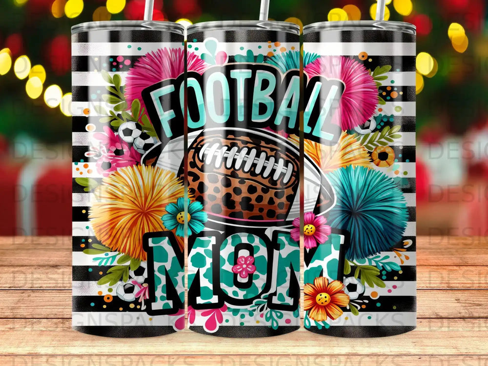 Football Mom tumbler with colorful pom-poms and leopard print.