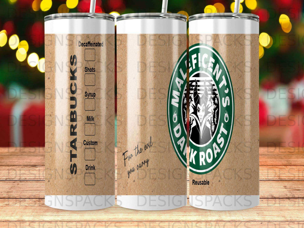 Starbucks tumbler with "For the evil you carry" text and roast details.