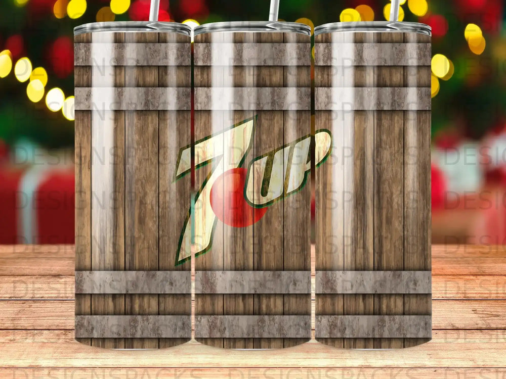 7UP logo on a wooden barrel texture tumbler.