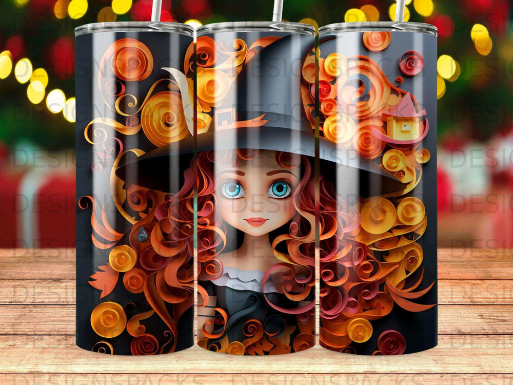 Halloween-themed tumbler with a stylized witch and swirling orange and black patterns.