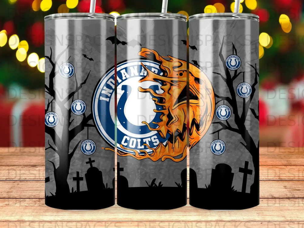 Indianapolis Colts Halloween tumbler with spooky trees and gravestones.