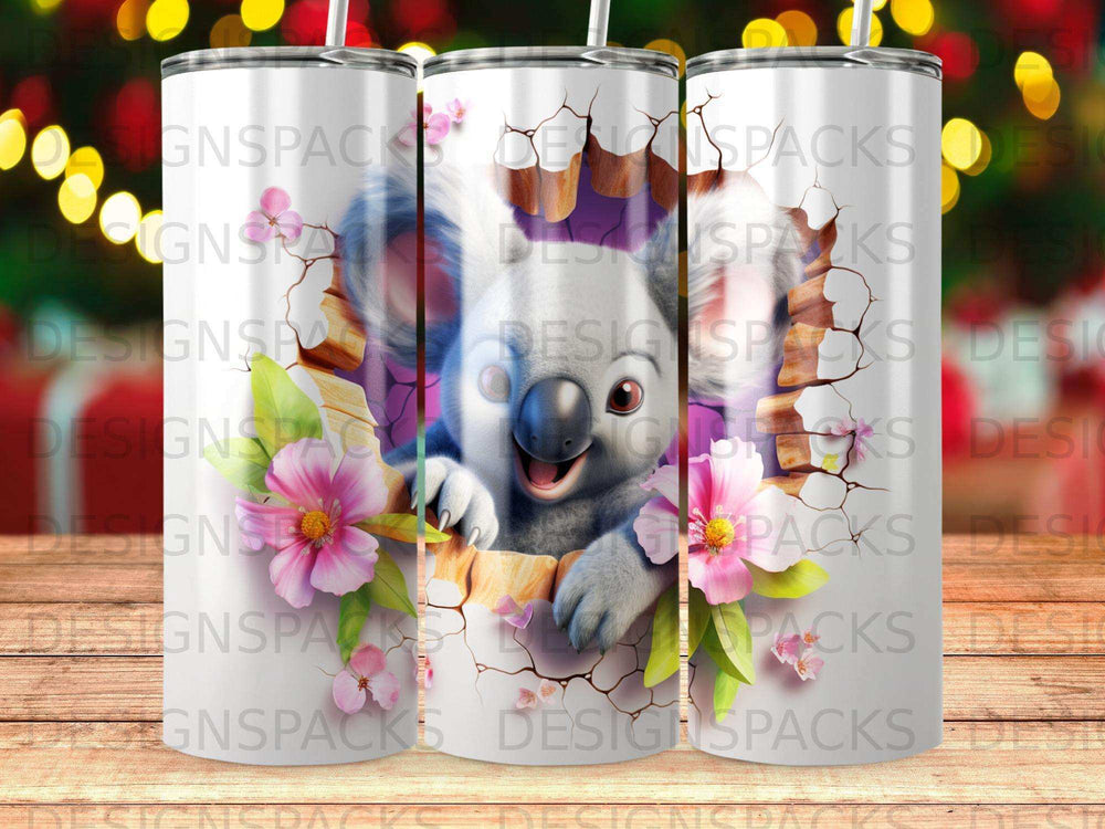 Cute koala peeking through cracked background with pink flowers.