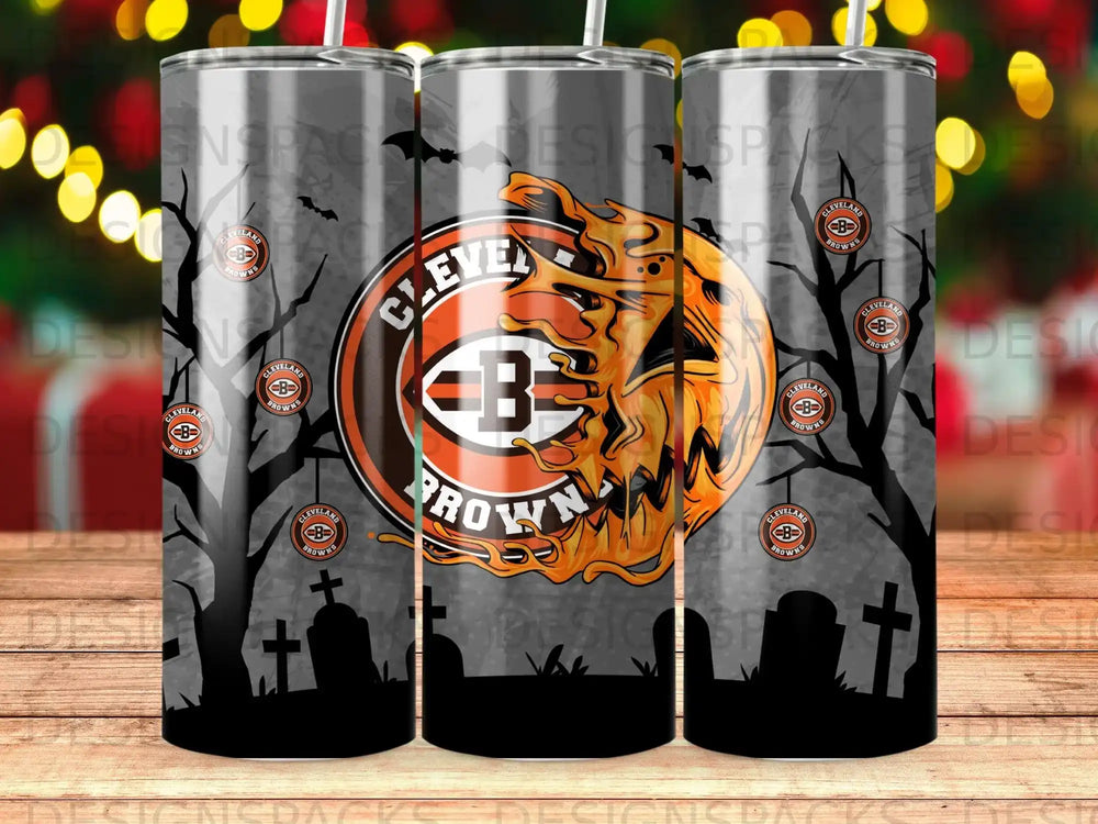Cleveland Browns Halloween tumbler with spooky trees and gravestones.