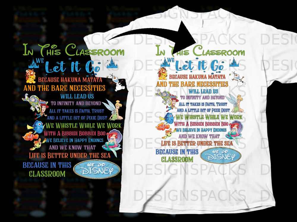White t-shirt with Disney characters and quotes about learning and imagination.