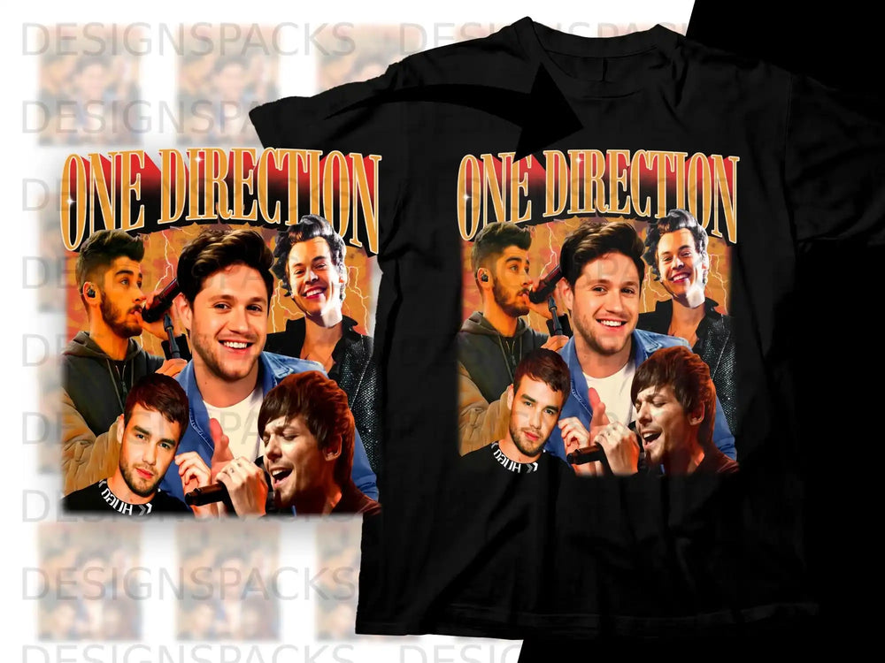 One Direction t-shirt featuring four band members' portraits with "ONE DIRECTION" text.