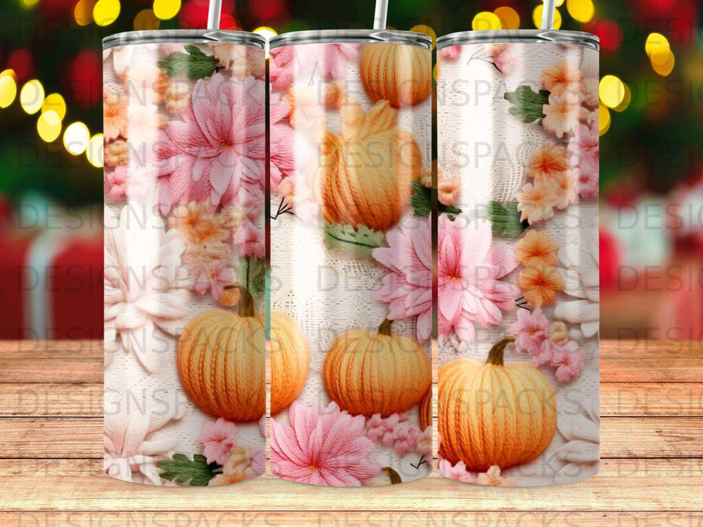 Tumbler with pink floral and pumpkin design.