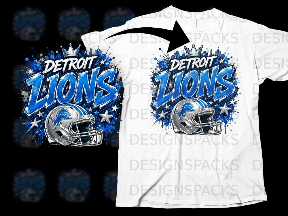 Detroit Lions football helmet and team name design on a white t-shirt.