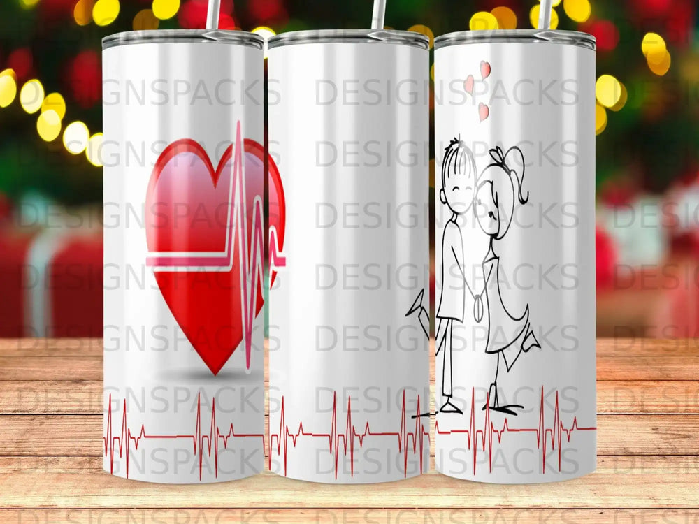 Two tumblers, one with a red heart and ECG, another with a couple.