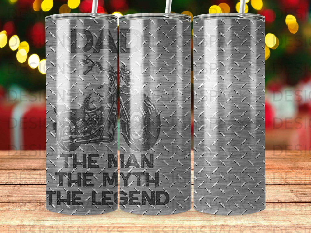 Tumbler with diamond plate pattern, motorcycle, and text "THE MAN THE MYTH THE LEGEND".