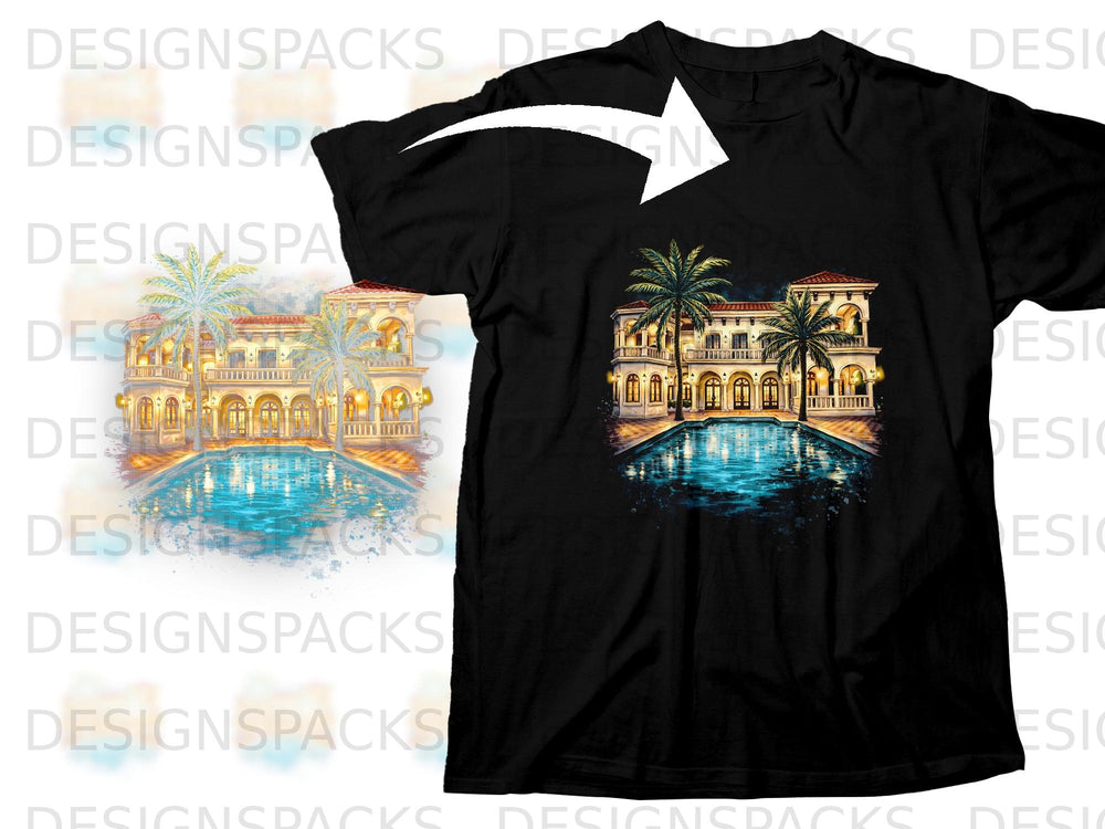 Black t-shirt featuring a watercolor print of a mansion with a pool.
