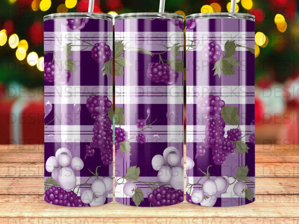 Purple gingham background with clusters of purple grapes and green leaves.