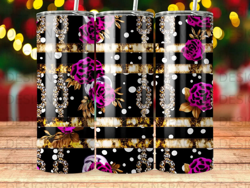 Black and white stripes with pink roses, leopard print, and gold glitter accents.