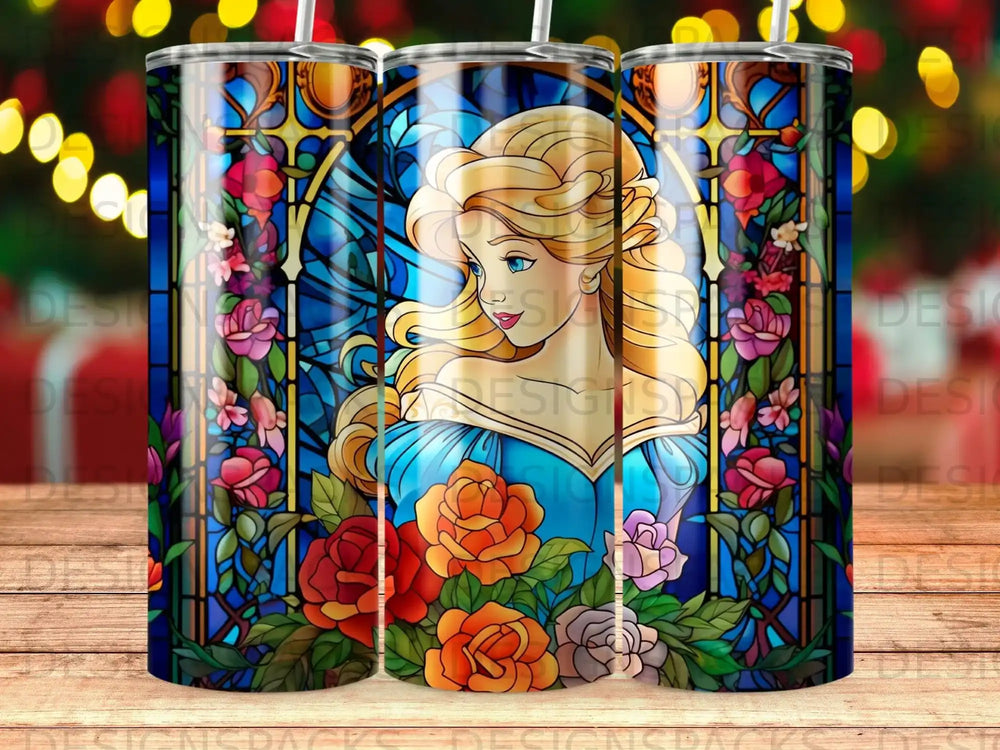 Stained glass portrait of Cinderella surrounded by roses.