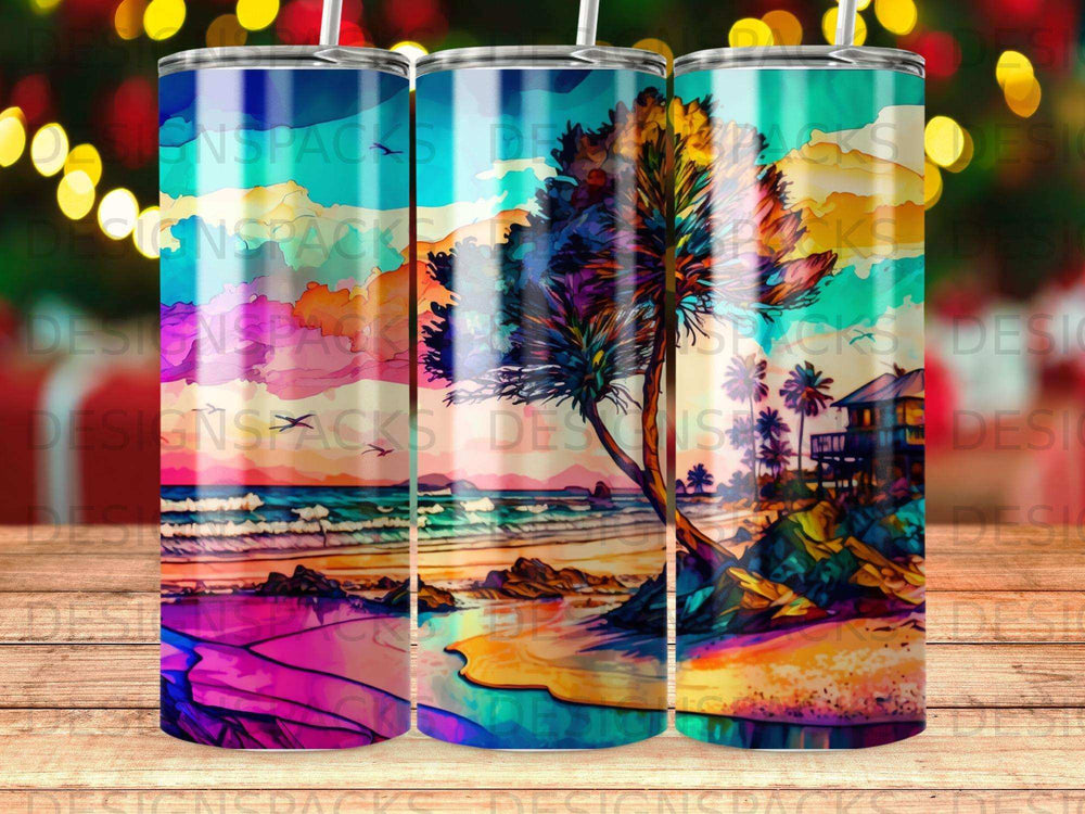Colorful beach sunset scene with a tree, ocean, and house on a tumbler.