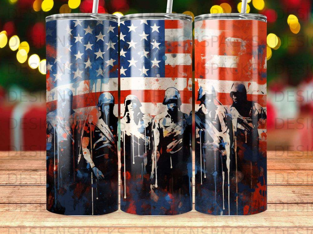 Soldiers and American flag design on a tumbler.