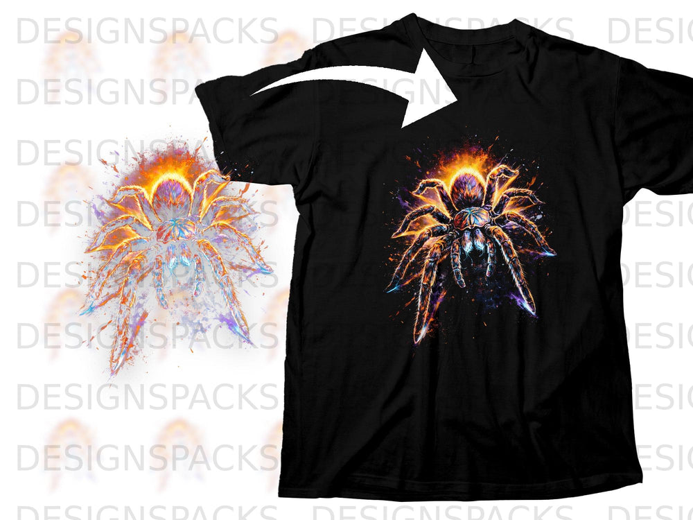 Black t-shirt featuring a vibrant, fiery tarantula graphic with colorful accents.