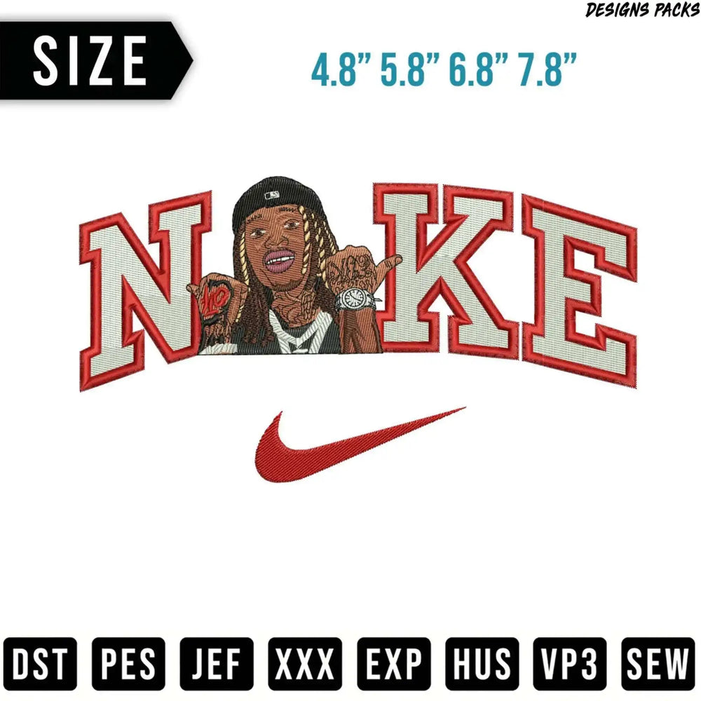 Nike logo featuring a rapper's portrait, available in multiple sizes.
