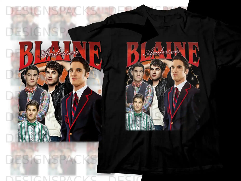 Two black t-shirts featuring a collage of Darren Criss as Blaine Anderson.