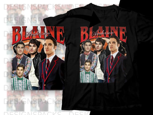 Two black t-shirts featuring a collage of Darren Criss as Blaine Anderson.
