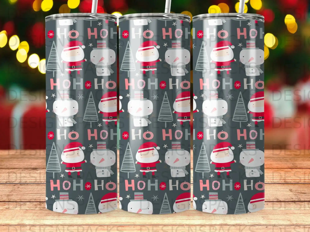 Christmas tumbler with Santa, snowman, and "Ho Ho Ho" text.