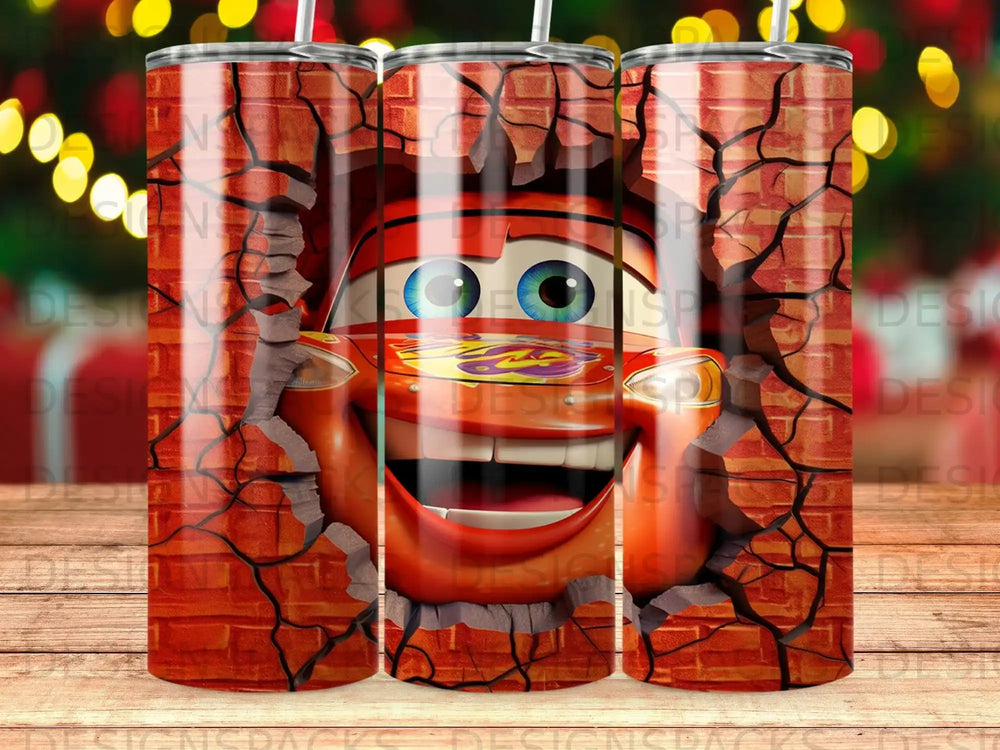 Lightning McQueen breaks through a brick wall, smiling.