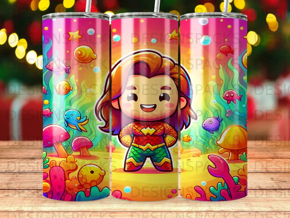 Cartoon character Aquaman in colorful underwater scene with coral and fish.