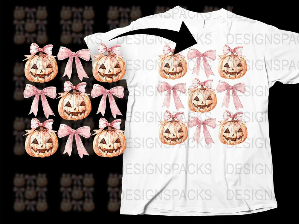 Halloween Pumpkin T-Shirt, Cute Jack-O-Lanterns with Pink Bows, Festive Fall Shirt for Women and Men, Unique Spooky Apparel